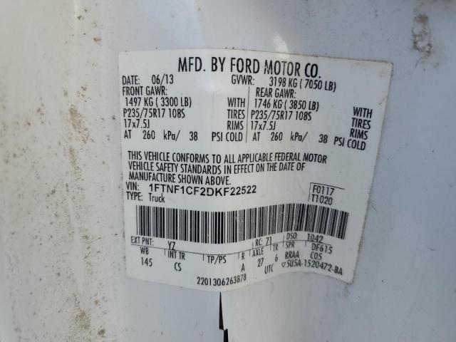 1FTNF1CF2DKF22522 - 2013 FORD F150 WHITE photo 12