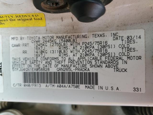 5TFJU4GN1EX058828 - 2014 TOYOTA TACOMA DOUBLE CAB PRERUNNER WHITE photo 12