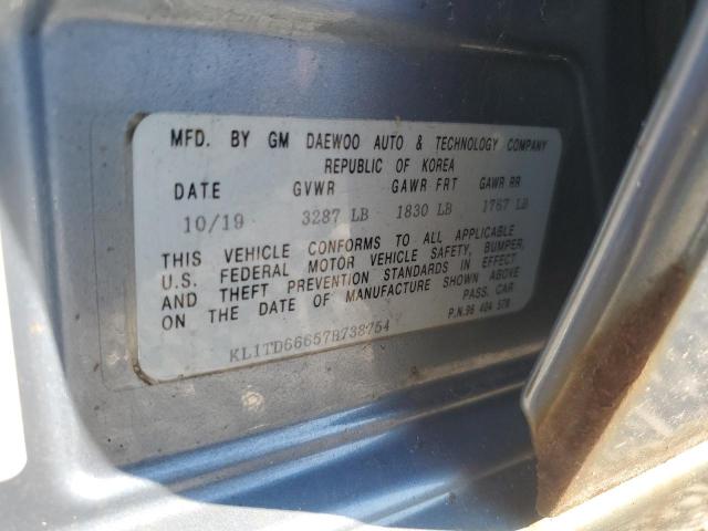 KL1TD66657B738754 - 2007 CHEVROLET AVEO BASE BLUE photo 12