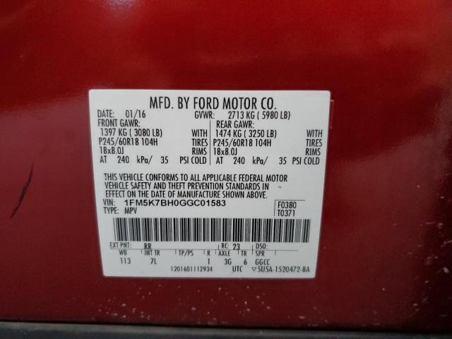 1FM5K7BH0GGC01583 - 2016 FORD EXPLORER RED photo 13