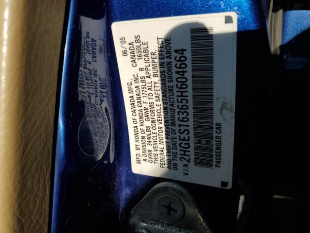 2HGES16365H604664 - 2005 HONDA CIVIC DX VP Mavi foto 12
