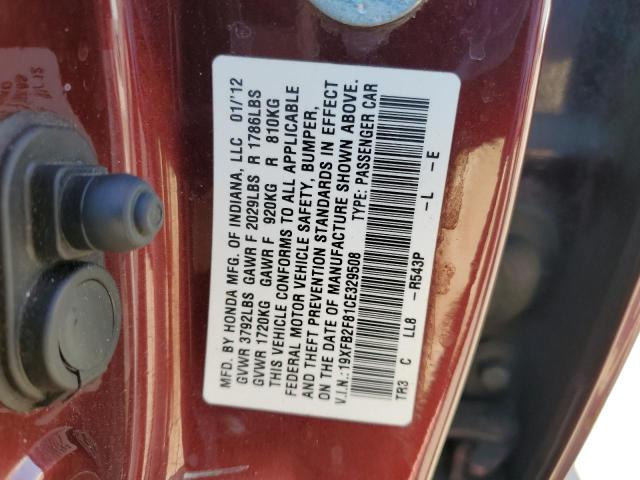 19XFB2F81CE329508 - 2012 HONDA CIVIC EX BURGUNDY photo 13