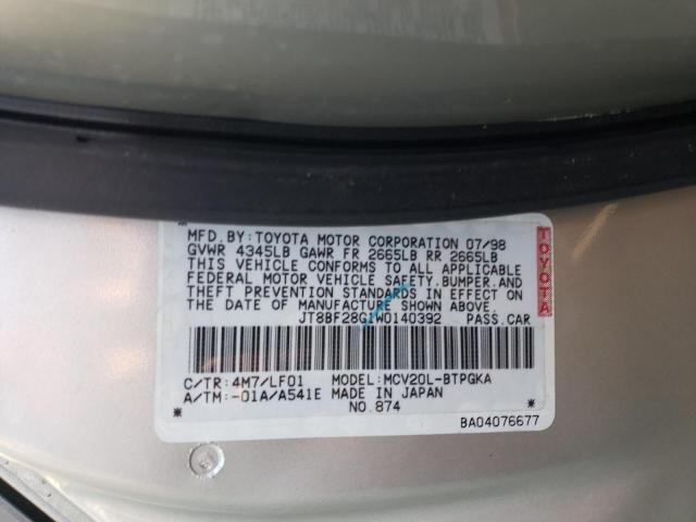 JT8BF28G1W0140392 - 1998 LEXUS ES 300 GRAY photo 12