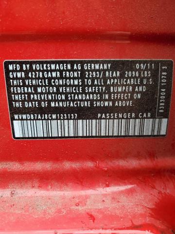 WVWDB7AJ8CW123137 - 2012 VOLKSWAGEN GOLF RED photo 12