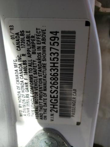 2HGES26863H537594 - 2003 HONDA CIVIC EX WHITE photo 12