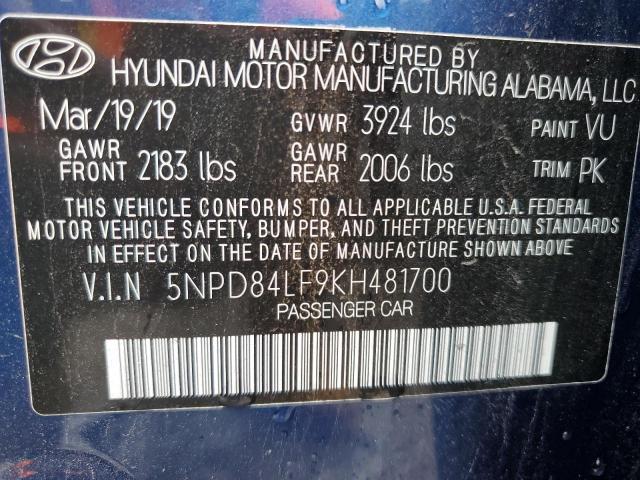 5NPD84LF9KH481700 - 2019 HYUNDAI ELANTRA SEL BLUE photo 12