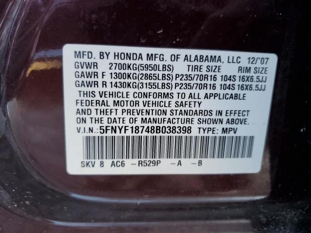 5FNYF18748B038398 - 2008 HONDA PILOT EXL BURGUNDY photo 13