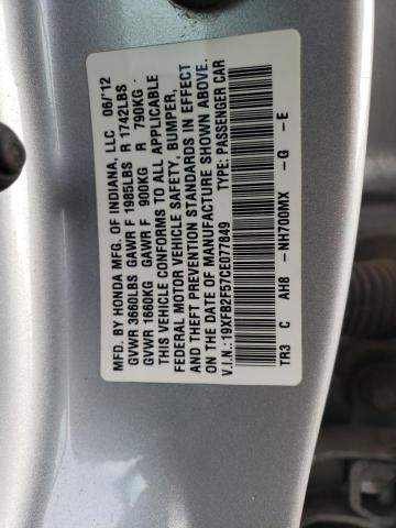 19XFB2F57CE077849 - 2012 HONDA CIVIC LX SILVER photo 12