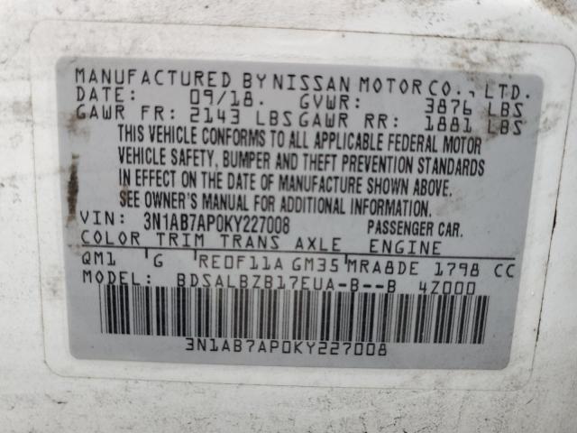 3N1AB7AP0KY227008 - 2019 NISSAN SENTRA S WHITE photo 13