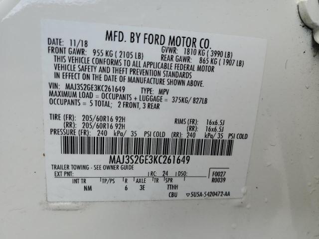 MAJ3S2GE3KC261649 - 2019 FORD ECOSPORT SE თეთრი ფოტო 14