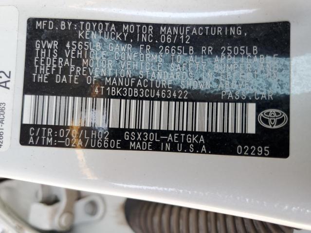 4T1BK3DB3CU463422 - 2012 TOYOTA AVALON BASE 白色 照片 12