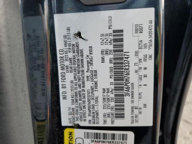 3FA6P0H76ER337471 - 2014 FORD FUSION SE BLACK photo 12