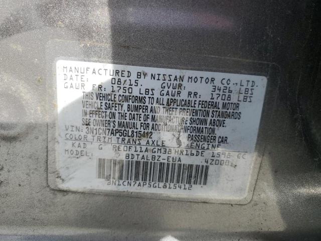 3N1CN7AP5GL815412 - 2016 NISSAN VERSA S GRAY photo 12