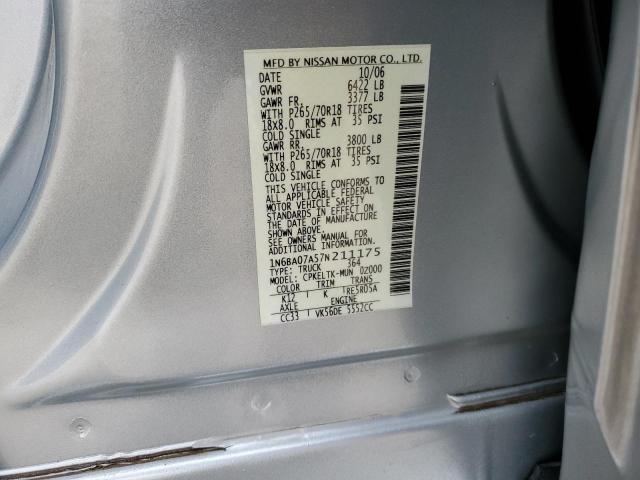 1N6BA07A57N211175 - 2007 NISSAN TITAN XE SILVER photo 12