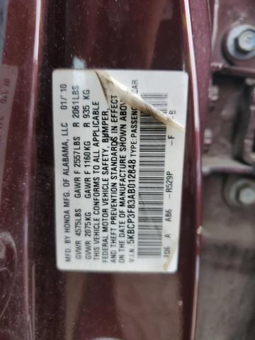 5KBCP3F83AB012848 - 2010 HONDA ACCORD EXL BURGUNDY photo 12