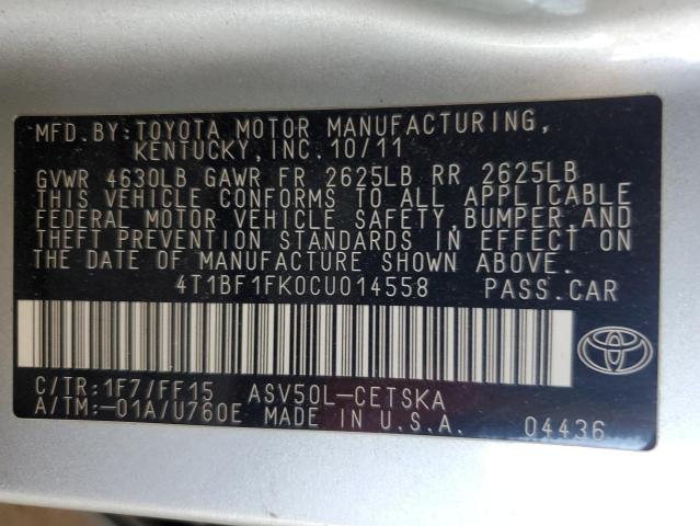 4T1BF1FK0CU014558 - 2012 TOYOTA CAMRY BASE SILVER photo 13