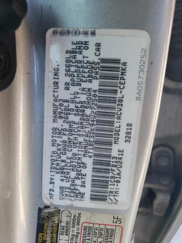 4T1BE32K94U272504 - 2004 TOYOTA CAMRY LE SILVER photo 13