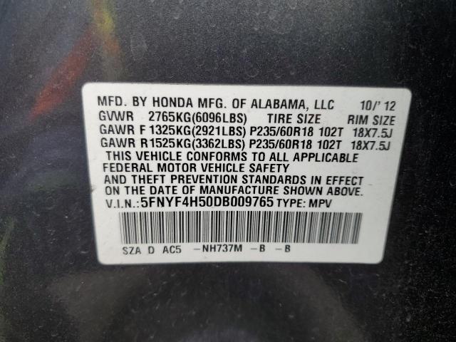 5FNYF4H50DB009765 - 2013 HONDA PILOT EXL GRAY photo 13