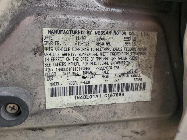 1N4DL01A11C147868 - 2001 NISSAN ALTIMA GXE BEIGE photo 12