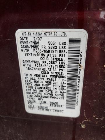 JN8AZ08W37W647233 - 2007 NISSAN MURANO SL BURGUNDY photo 12