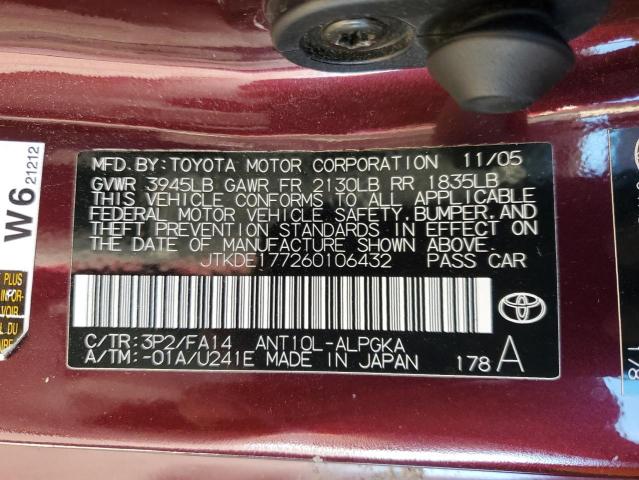 JTKDE177260106432 - 2006 TOYOTA SCION TC 勃艮第红 照片 12