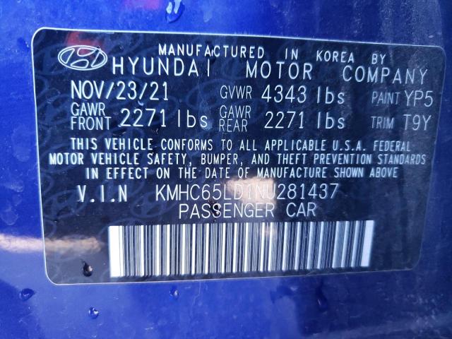 KMHC65LD1NU281437 - 2022 HYUNDAI IONIQ SE BLUE photo 13