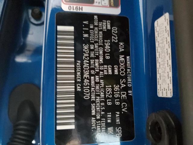 3KPA24AD3NE461070 - 2022 KIA RIO LX BLUE photo 12