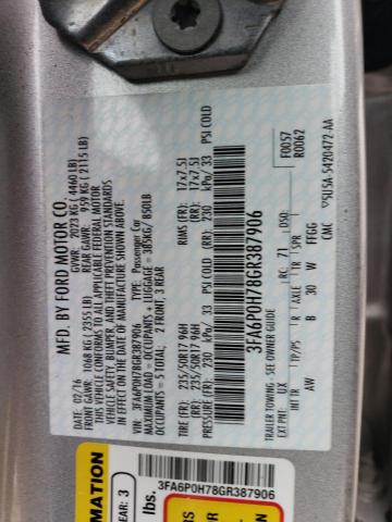 3FA6P0H78GR387906 - 2016 FORD FUSION SE SILVER photo 12