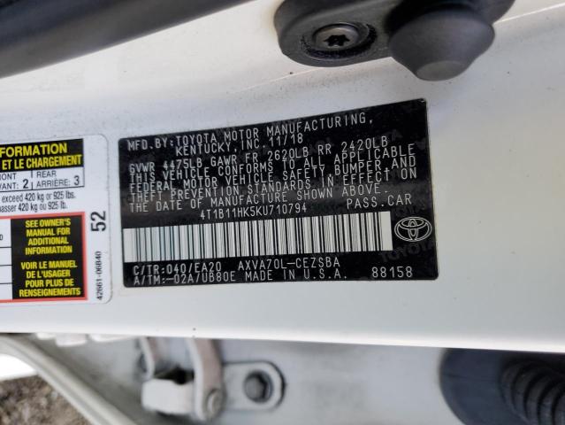 4T1B11HK5KU710794 - 2019 TOYOTA CAMRY L WHITE photo 12