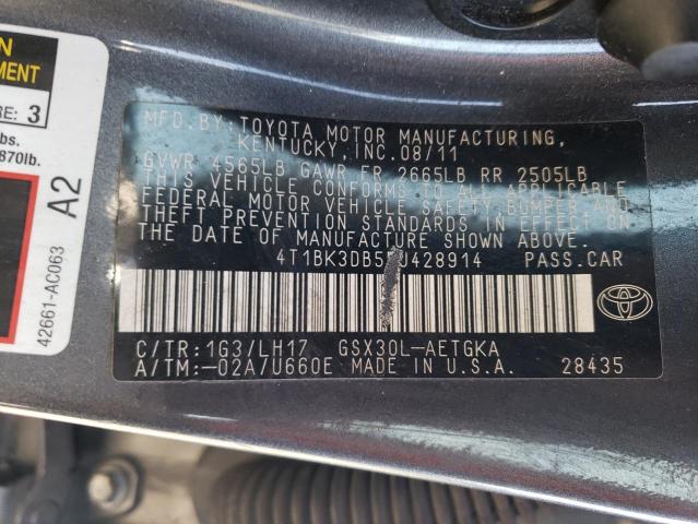 4T1BK3DB5BU428914 - 2011 TOYOTA AVALON BASE GRAY photo 12