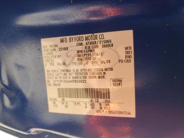 1FTYR10U44PB24822 - 2004 FORD RANGER BLUE photo 12