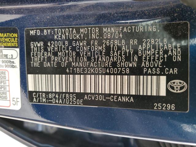 4T1BE32K05U400758 - 2005 TOYOTA CAMRY LE BLUE photo 13