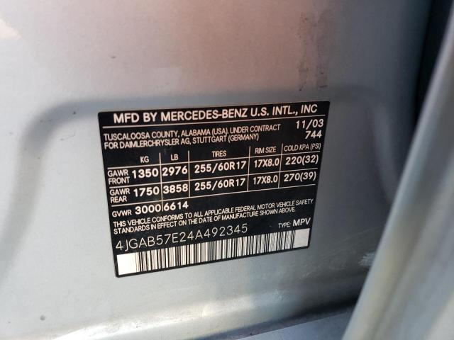 4JGAB57E24A492345 - 2004 MERCEDES-BENZ ML 350 SILVER photo 12