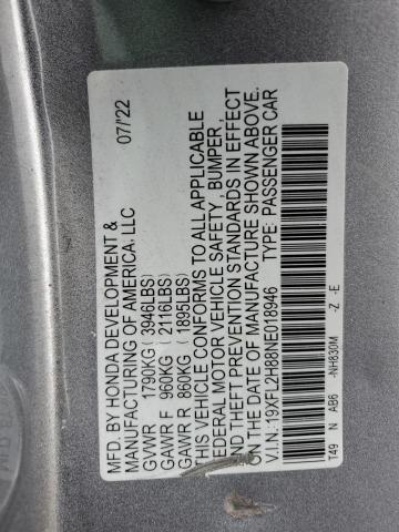 19XFL2H88NE018946 - 2022 HONDA CIVIC SPORT SILVER photo 12