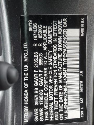 SHHFK7H84LU404947 - 2020 HONDA CIVIC EXL ნაცრისფერი ფოტო 12