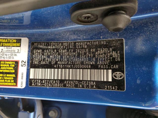 4T1B11HK1JU090668 - 2018 TOYOTA CAMRY L BLUE photo 12