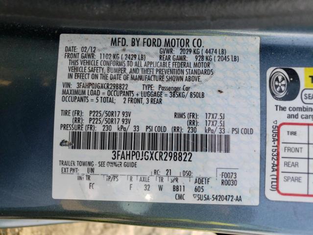 3FAHP0JGXCR298822 - 2012 FORD FUSION SEL TEAL photo 12