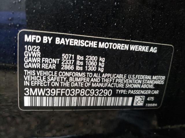 3MW39FF03P8C93290 - 2023 BMW 330E BLACK photo 12