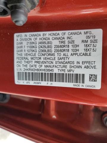 2HKRW2H80KH638945 - 2019 HONDA CR-V EXL ORANGE photo 12