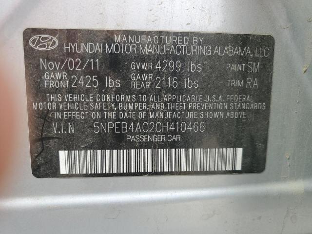 5NPEB4AC2CH410466 - 2012 HYUNDAI SONATA GLS GRAY photo 12