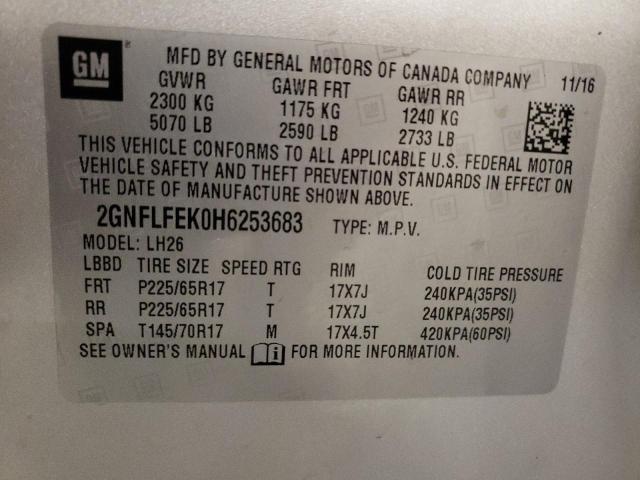 2GNFLFEK0H6253683 - 2017 CHEVROLET EQUINOX LT SILVER photo 12