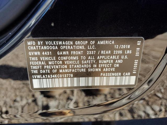 1VWLA7A34KC013778 - 2019 VOLKSWAGEN PASSAT WOLFSBURG BLACK photo 12