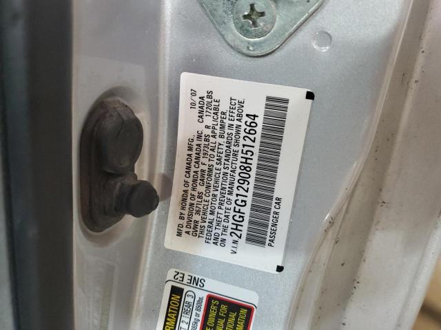 2HGFG12908H512664 - 2008 HONDA CIVIC EXL ვერცხლისფერი ფოტო 12