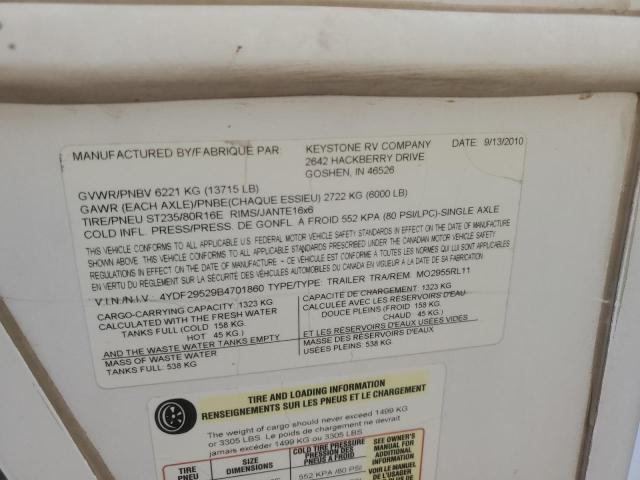 4YDF29529B4701860 - 2011 KEYSTONE MONTANA WHITE photo 10