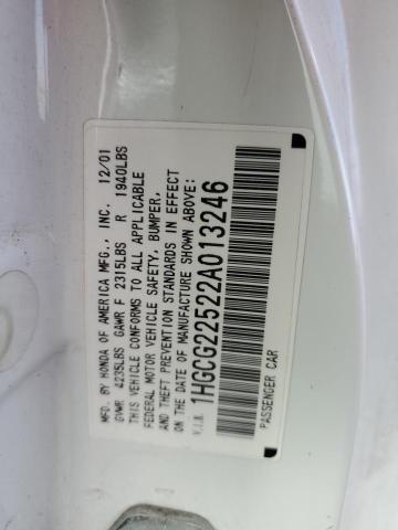 1HGCG22522A013246 - 2002 HONDA ACCORD EX WHITE photo 12