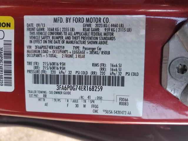 3FA6P0G74ER168259 - 2014 FORD FUSION S RED photo 12