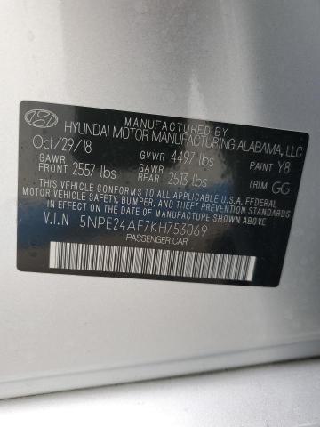 5NPE24AF7KH753069 - 2019 HYUNDAI SONATA SE SILVER photo 12