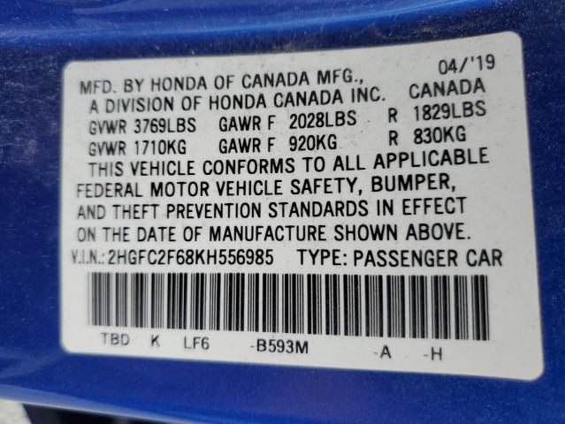 2HGFC2F68KH556985 - 2019 HONDA CIVIC LX BLUE photo 13