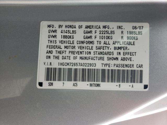 1HGCM72657A022903 - 2007 HONDA ACCORD EX SILVER photo 10