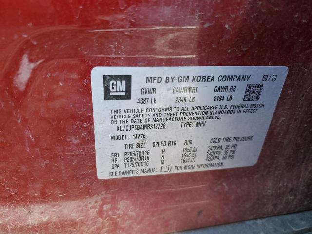 KL7CJPSB4MB318728 - 2021 CHEVROLET TRAX 1LT RED photo 12